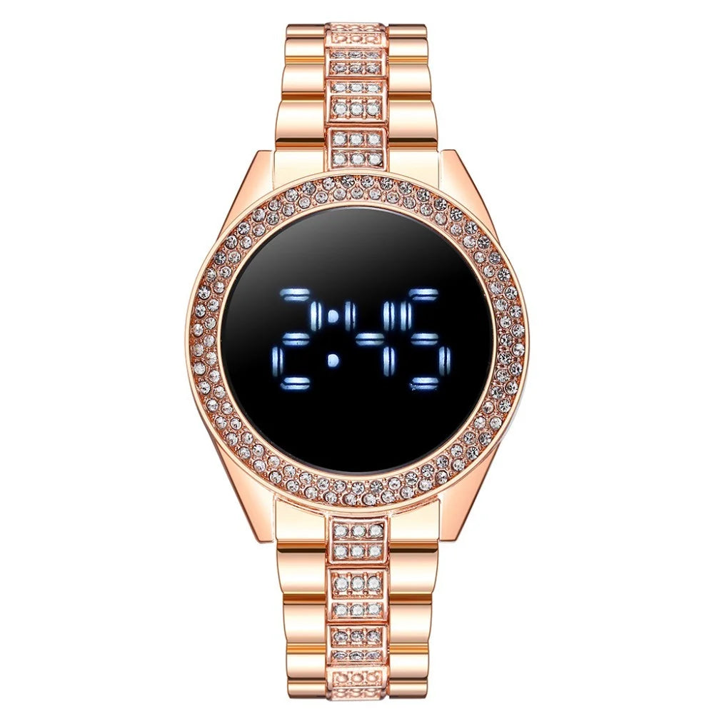 Kegllect LED Large Screen Diamond Inlaid Women's Watch Round Steel Band Electronic Watches