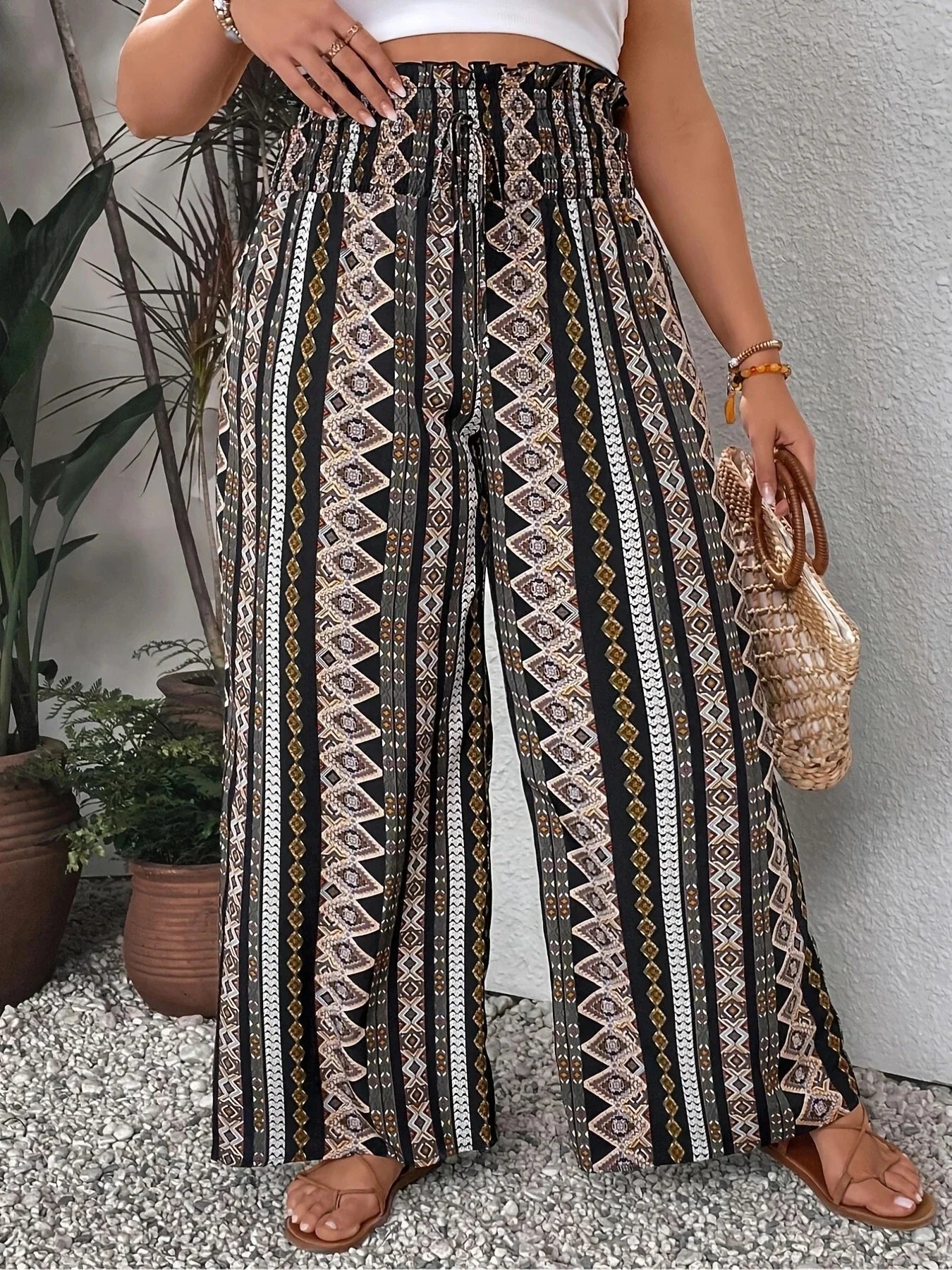 Plus Size Women's Fashionable Full Body Printed Wide Leg Pants