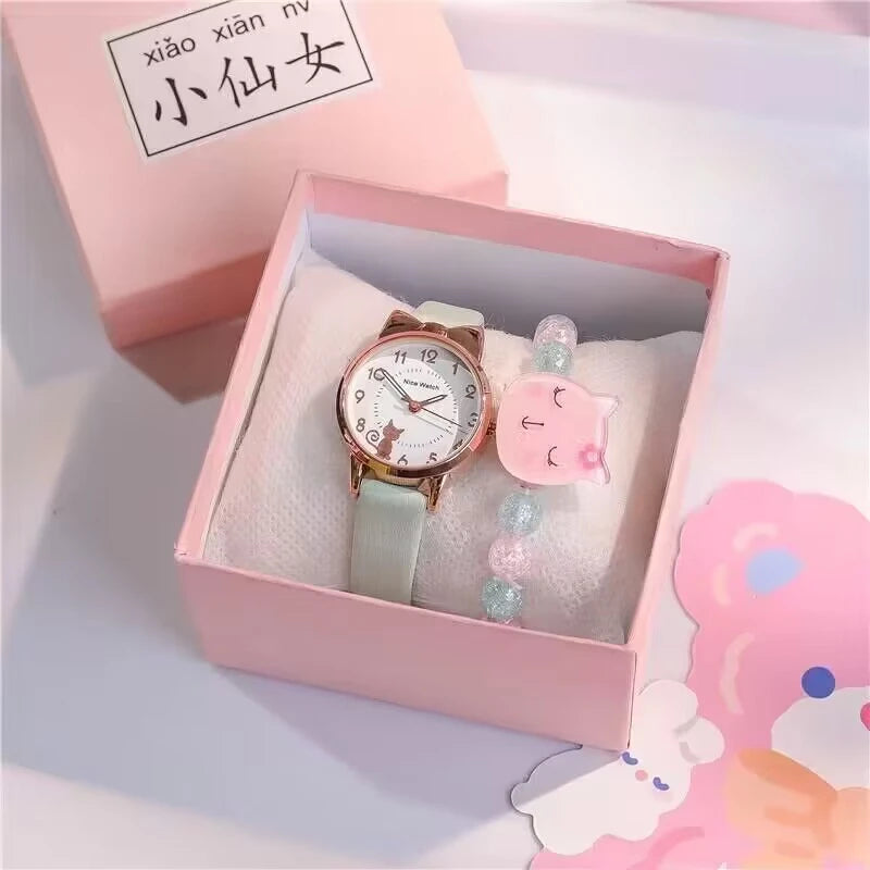 Fashion Women's Quartz Watch PU Leather Strap Student Cute Cartoon Girl WatchesJewlery Set NO BOX