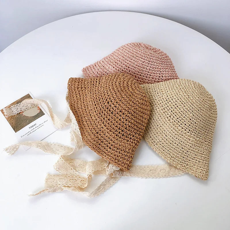 Summer Baby Hat Straw Baby Girl Cap Fashion Lace Bow Beach Children Panama Hat Princess Bonnets for Kids Outdoor Travel Sun Cap