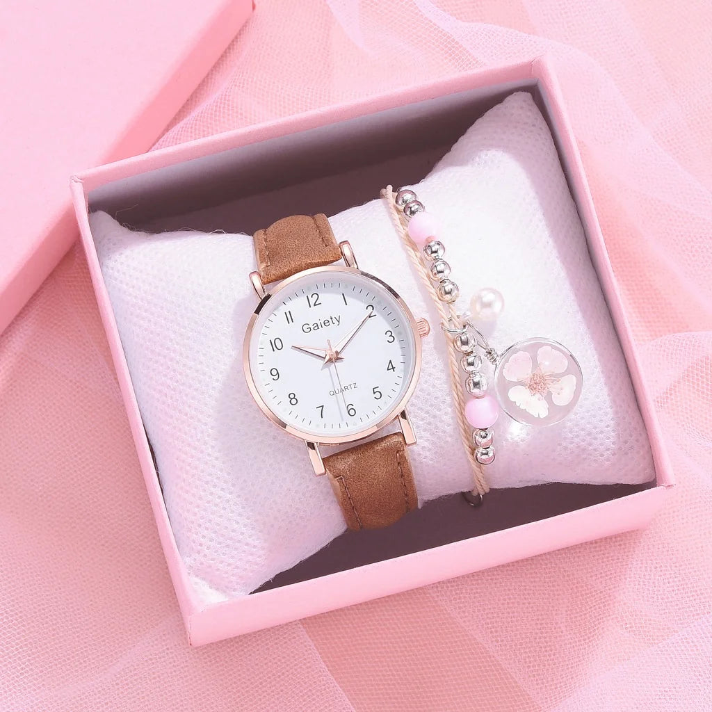 Women's Fashion Simple Glow Leather Watch Strap Quartz Watches Free Two Piece Bracelet Set No Box