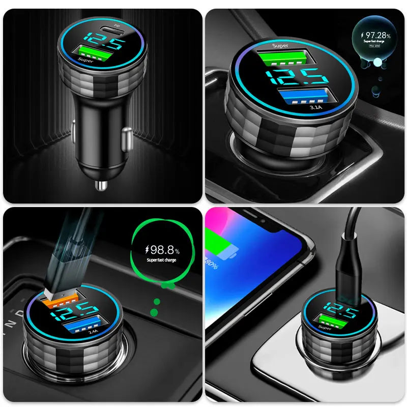 BLALION 66W 2 Port Super Fast USB Car Charger PD20W QC 3.0 Quick Charging Adapter with Digital Display For IPhone Samsung Xiaomi