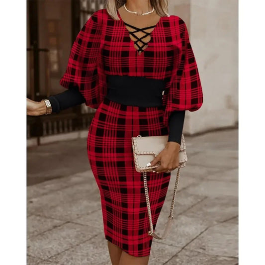 Women's Spring/autumn Fashionable Printed Dress V-Neck Band Waist Pack Hip Dress Leisure Elegant  Long Sleeve Dress