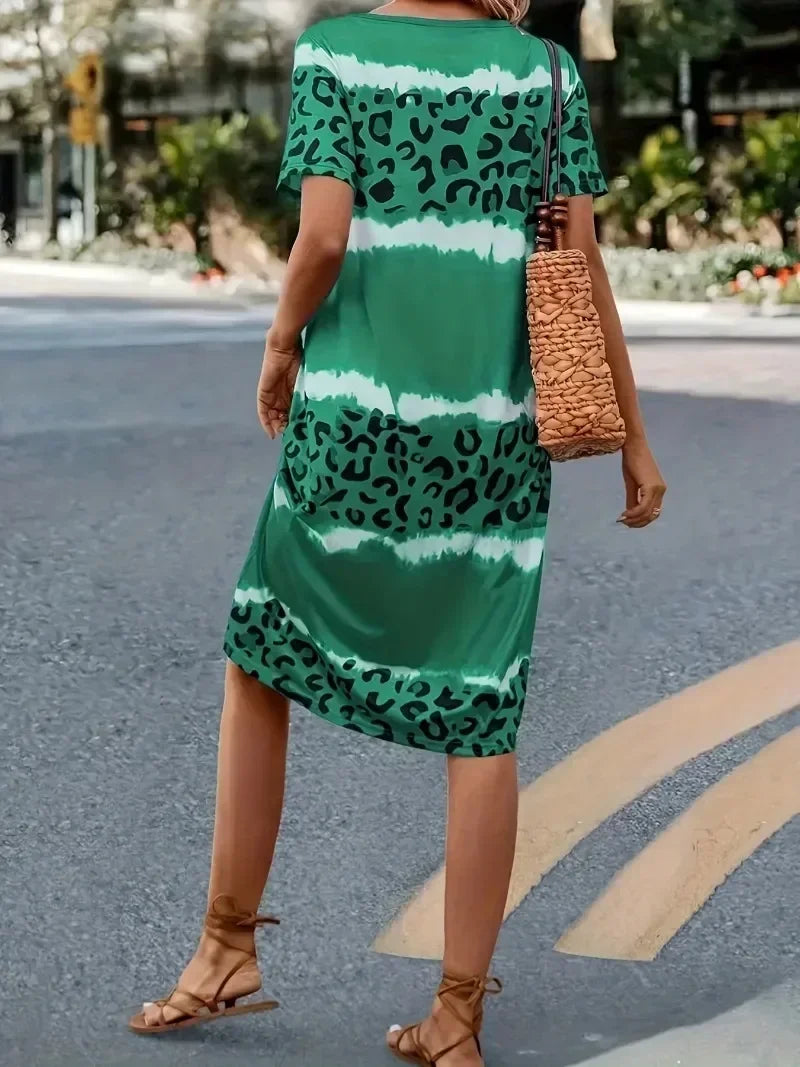 Women's Plus Size 1XL-8XL Fashion Casual Dress Short Sleeve Dress Tie Dye Leopard Short Sleeve V Neck Slight Stretch Dress