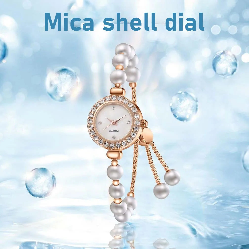 Kegllect Ladies Round Quartz Watch Women Luxury Pearl Bracelet Adjustable Strap Diamond Watches Jam Tangan Perempuan