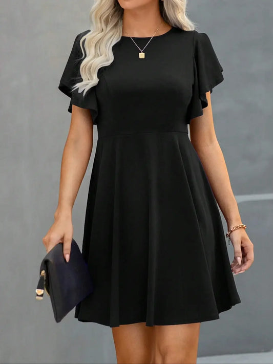 Fashionable Women's Ruffled Short Sleeve Dress Casual and Versatile Solid Color Dress Slim Fit and Minimalist Style Short Skirt