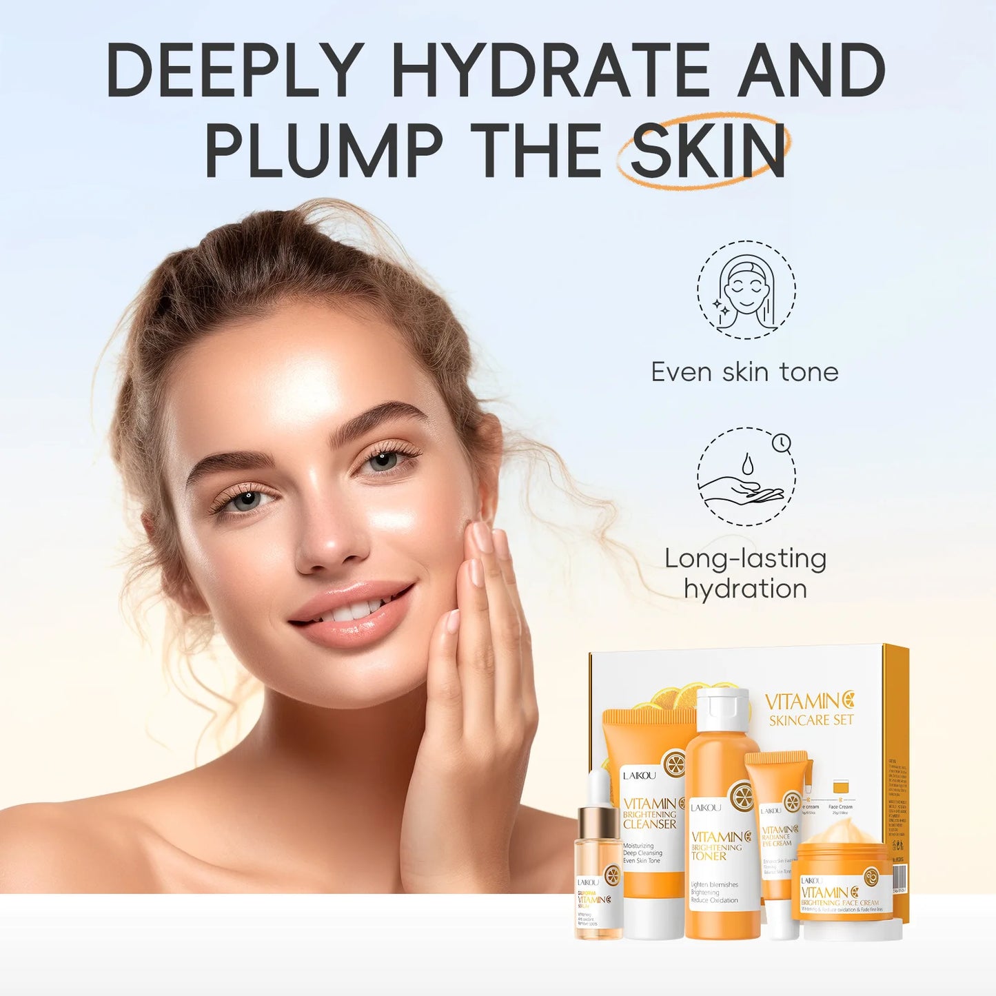 LAIKOU 5pcs Vitamin C Skin Care Set Deep Cleansing Facial Cleanser Face Cream Moisturizer Toner Eye Serum Gift Box Skin Care