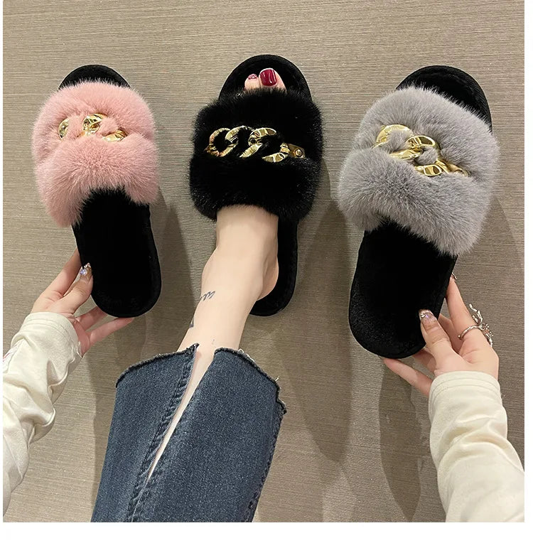 Autumn /winter Metal Chain Woolen Cotton Slippers Fashion Warm Women's Large Fur Flat Heel Straight Slippers Home Cotton Slipper