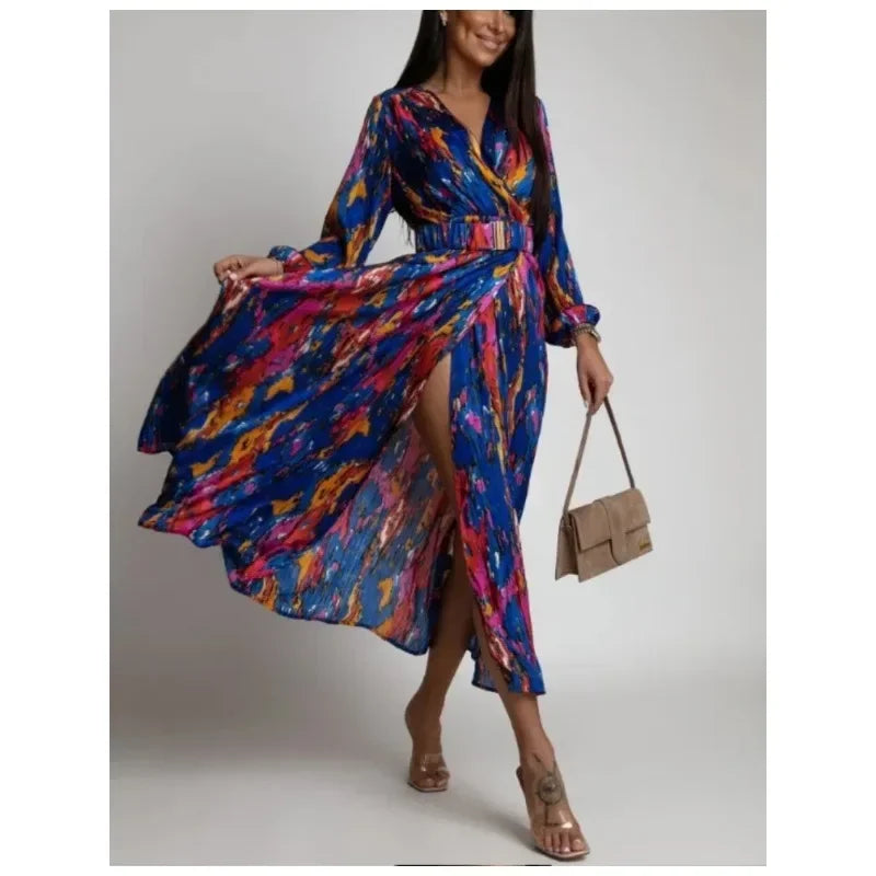 Women's Spring/Summer Dress Fashionable Colorful Printed V-neck Long Sleeved Elegant Dress Casual Belt Holiday Dress