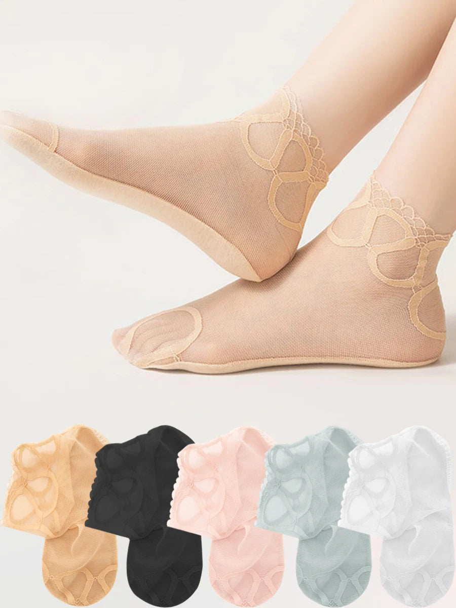 5 Pairs Women Lace Sock Transparent Summer Floral Lady Girl Thin Short Socks Invisible Boat Socks Shallow Socks Women