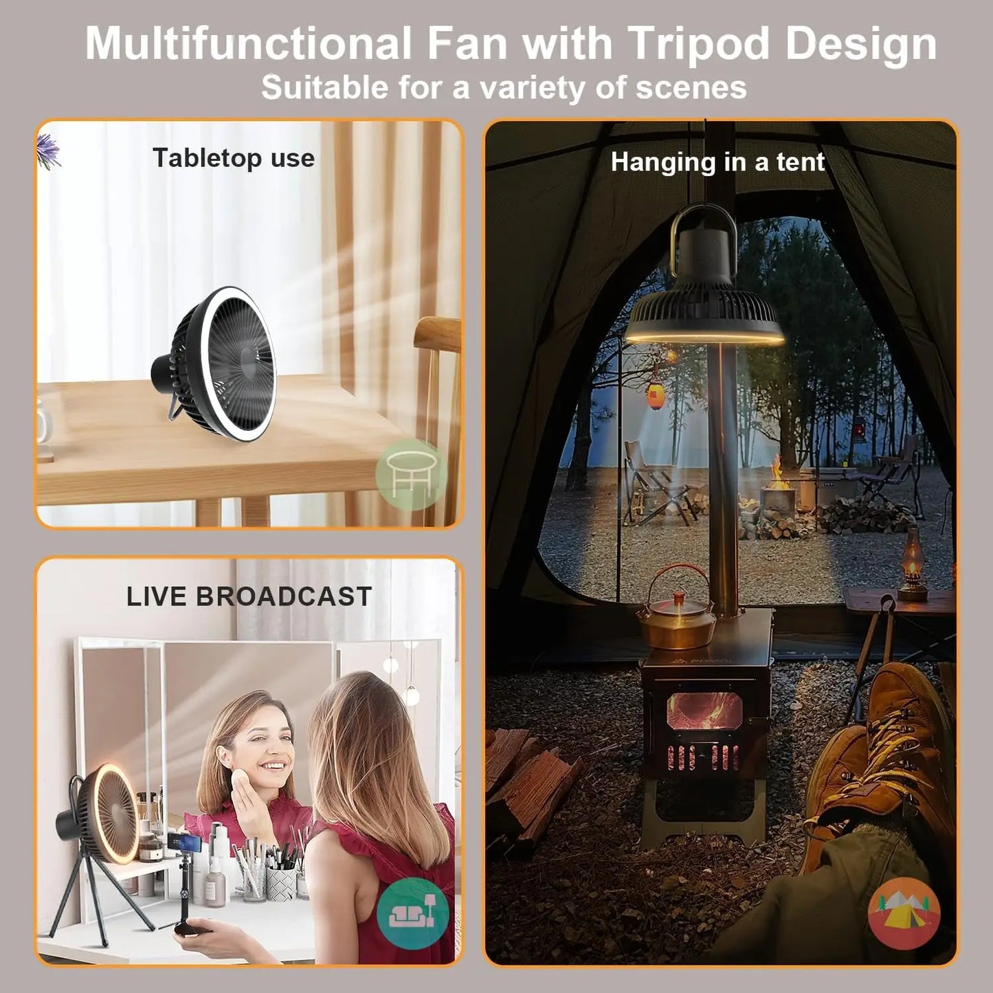 10000mAh/4000mAh Camping Fan Rechargeable Desktop Portable Circulator Wireless Ceiling Electric Fan with Power Bank LED Lighting