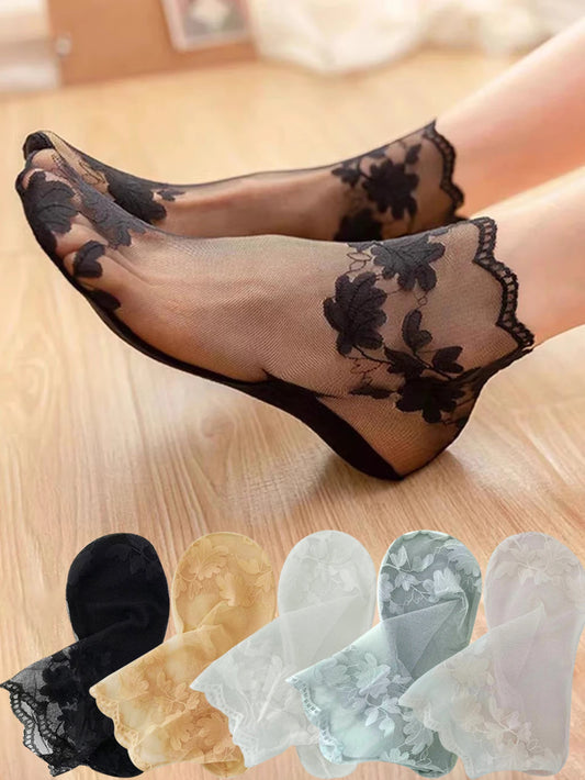 5 Pairs Summer Women  Transparent Lace Bottom Short Socks Flower Soft Comfortable Sweat Absorbing Breathable Casual  Ankle Socks