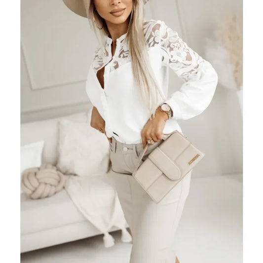 Women's Saving Solid Color Fashion Lace Splice Shirt Autumn Commuter Shirt  Round Neck Button Long Sleeve Casual Holiday Shirt