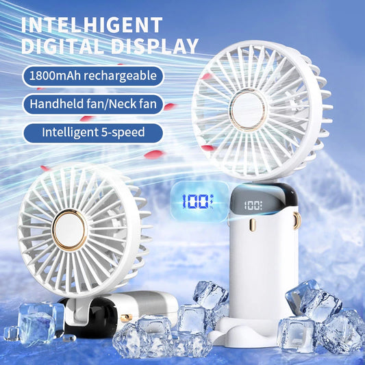 Portable Handheld Mini Fan Foldable Neck Hanging Fans 5 Speed USB Rechargeable Fan with Phone Stand and Display Screen 1800mAh