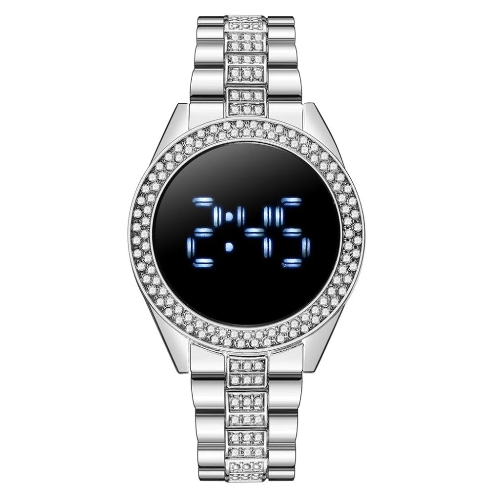 Kegllect LED Large Screen Diamond Inlaid Women's Watch Round Steel Band Electronic Watches