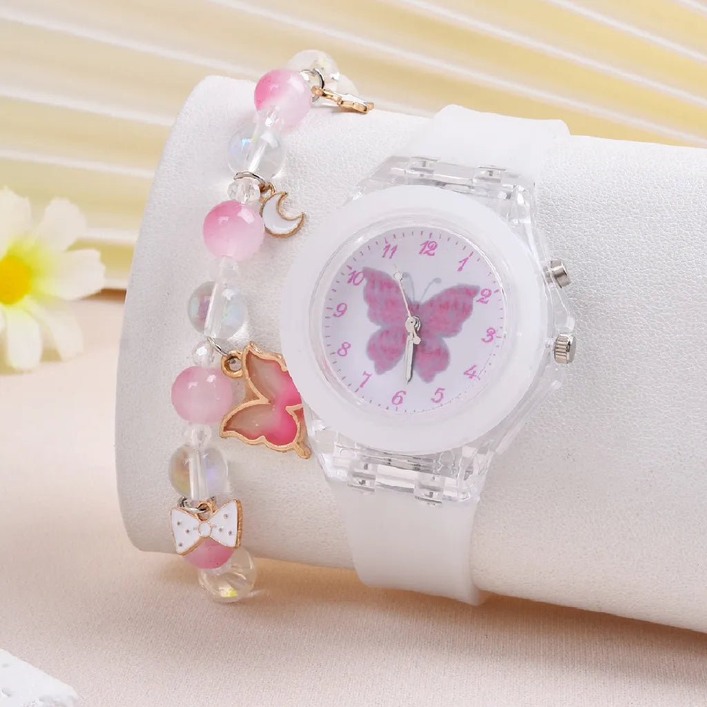 Luminoso Das Crianças Fofo Relógio Borboleta Padrão Silicone Quartzo Da Moda Conta Bracelete Conjunto