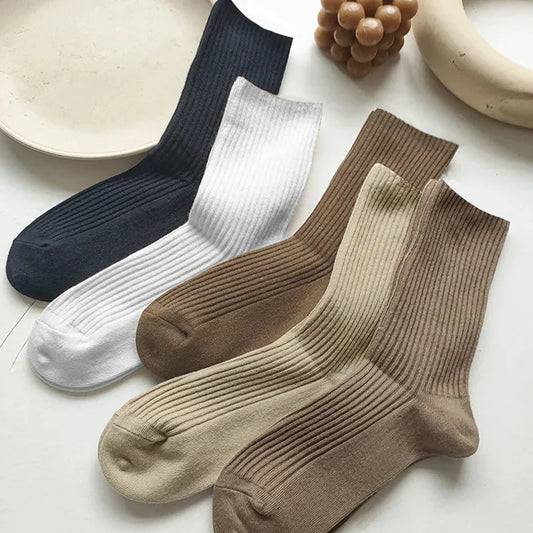 5 Pairs New Japanese Socks Set Solid Color Women's Casual Socks Autumn Simple Women's Medium Length Socks Pattern Style