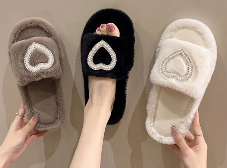 New Fashionable Hot Diamond Pearl Love Hair Cotton Slippers for Autumn and Winter Home slipper