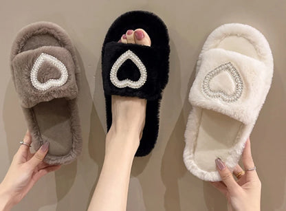 New Fashionable Hot Diamond Pearl Love Hair Cotton Slippers for Autumn and Winter Home slipper