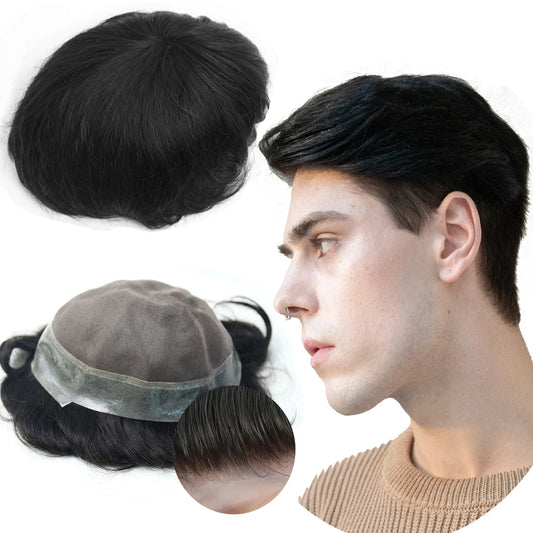 N.L.W. Men's Toupee Replacement Hairpiece 100% European Human Hair AUS Lace And PU System #1B off Black