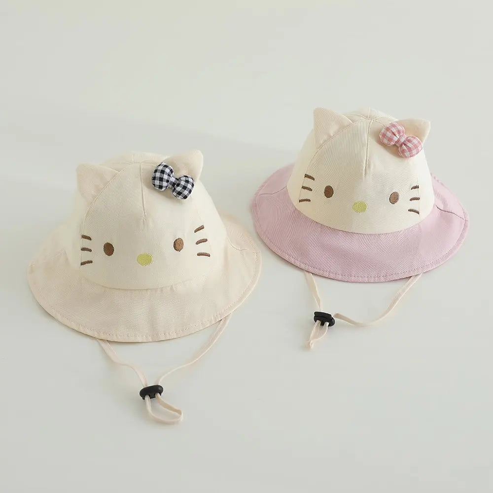 Panama Summer Cute Cat Bowknot Baby Bucket Hat for Girls Cotton Toddler Sun Cap Children Beach Sun Hat Kids UV Protection Cap