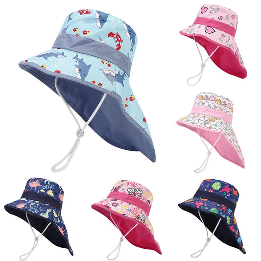 New Summer Baby Bucket Hat for Boys Girls Cartoon Children's Fisherman Hat Autumn Panama Kids Wide Brim Beach Shawl Sun Hat