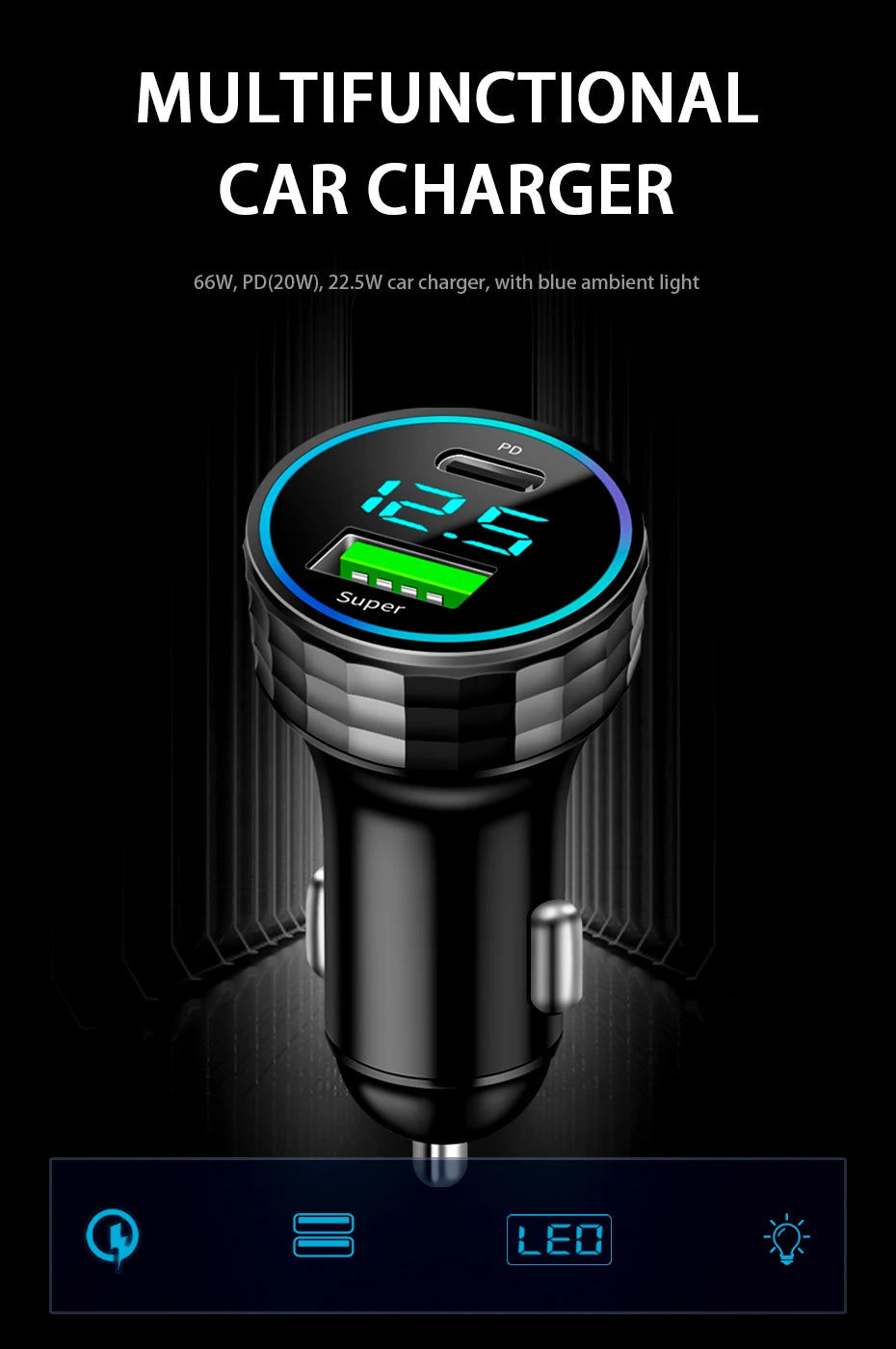 BLALION 66W 2 Port Super Fast USB Car Charger PD20W QC 3.0 Quick Charging Adapter with Digital Display For IPhone Samsung Xiaomi