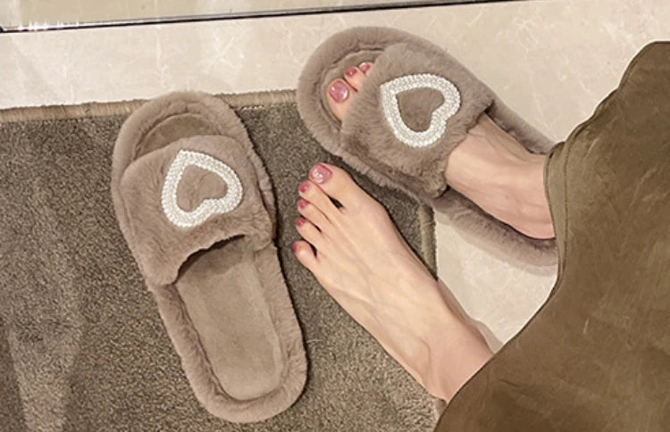 New Fashionable Hot Diamond Pearl Love Hair Cotton Slippers for Autumn and Winter Home slipper