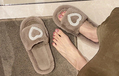 New Fashionable Hot Diamond Pearl Love Hair Cotton Slippers for Autumn and Winter Home slipper