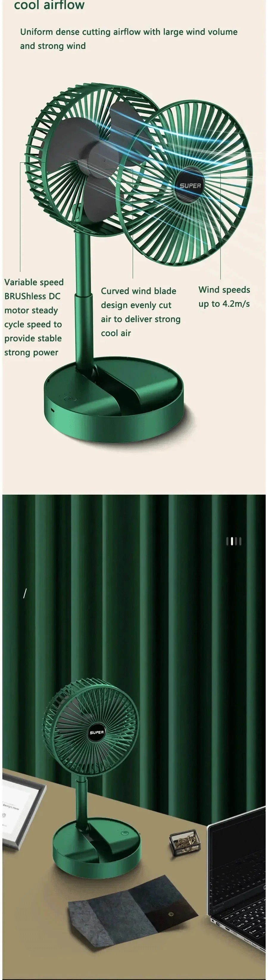 Mini Fan Desktop Foldable Retractable Portable Mini Fan rechargeable USB Home Low Noise High Duration Standby Mini Ceiling Fan