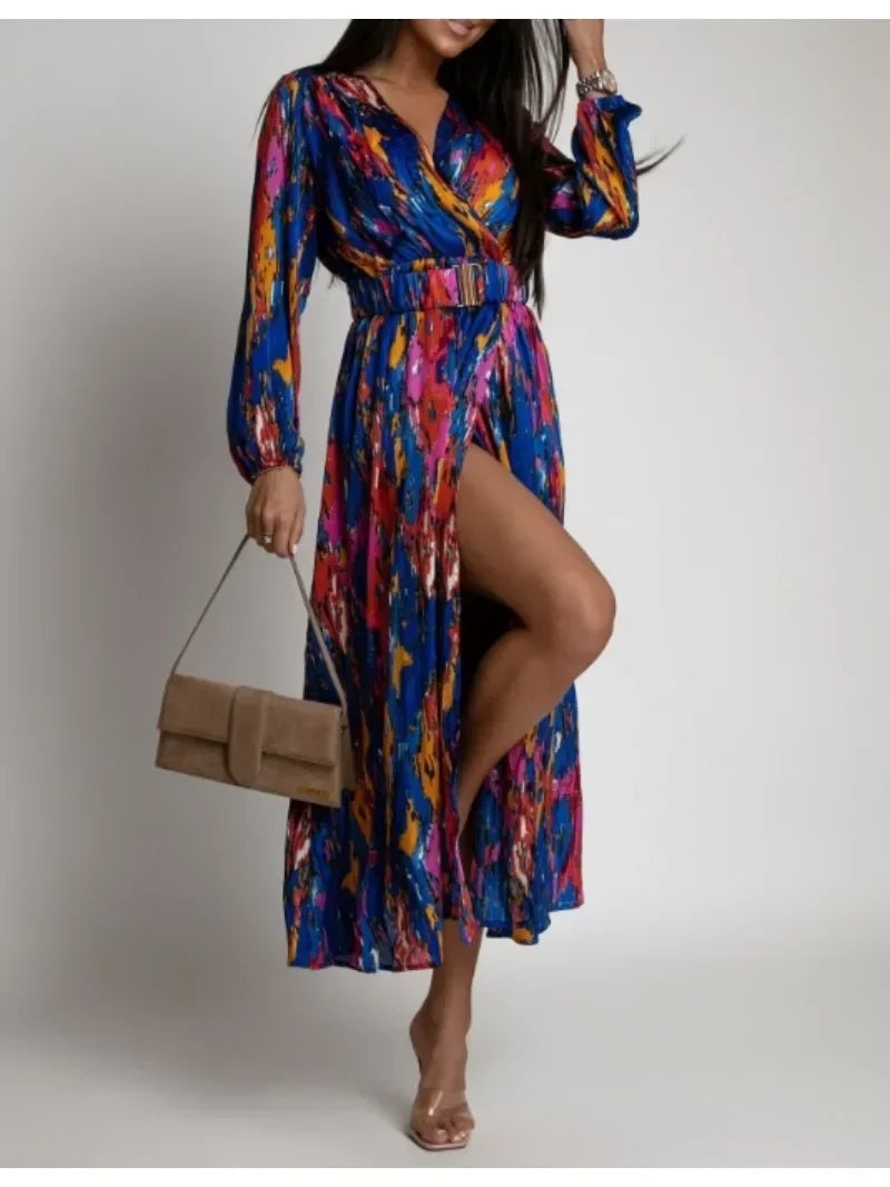 Women's Spring/Summer Dress Fashionable Colorful Printed V-neck Long Sleeved Elegant Dress Casual Belt Holiday Dress