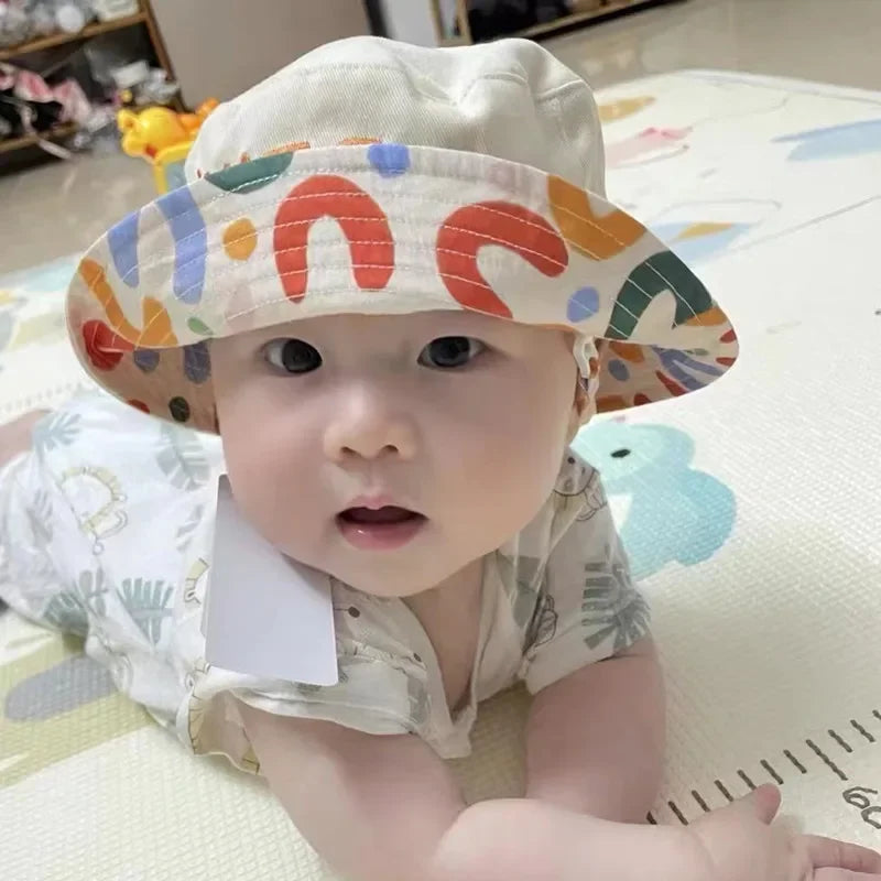 Double Sided Baby Bucket Hat with String Letter Embroidered Boys Girls Fisherman Cap Spring Summer Outdoor Kids Sun Hat