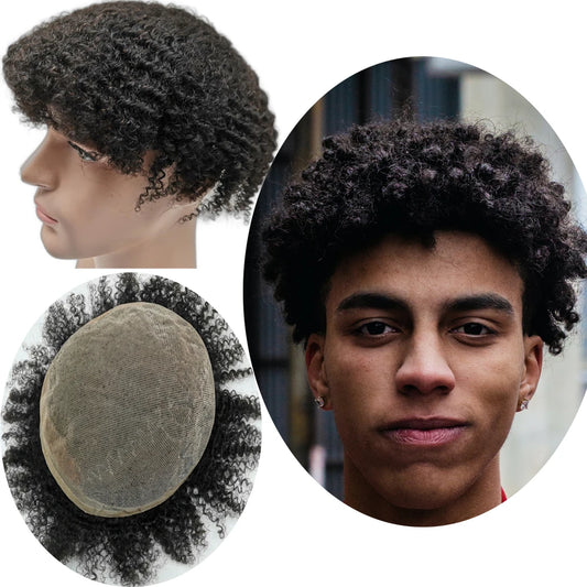 NLW 8mm Afro Curl Men Toupee 10*8 Hair replacement system for Men Full Lace Hair pieces Hair prosthesis  Hair units base