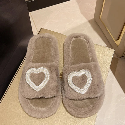 New Fashionable Hot Diamond Pearl Love Hair Cotton Slippers for Autumn and Winter Home slipper