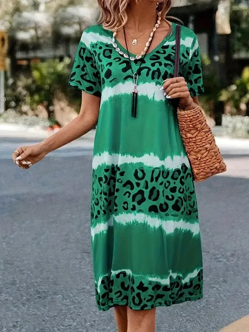 Women's Plus Size 1XL-8XL Fashion Casual Dress Short Sleeve Dress Tie Dye Leopard Short Sleeve V Neck Slight Stretch Dress