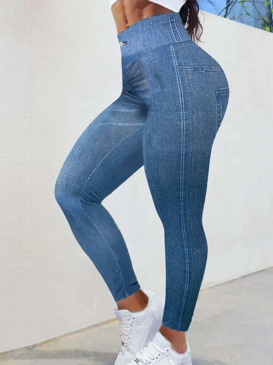 Women's Plus-size Casual Commuter Skinny Pants Fashion Imitation Denim High-waisted Printed Stretch Leggings