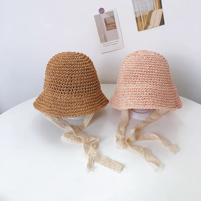 Summer Baby Hat Straw Baby Girl Cap Fashion Lace Bow Beach Children Panama Hat Princess Bonnets for Kids Outdoor Travel Sun Cap