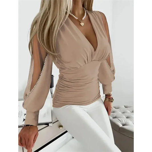 Women'sAutumn Commuter Fashion V-neck Simple Long Sleeved Shirt Solid Color Tie Waist Shirt Leisure Holiday Women's Shirt