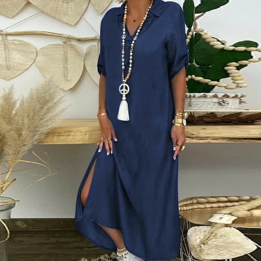 Plus Size Women's Summer  Denim Short Sleeved Fashionable Dress, Casual Solid Color Lapel Large Size Long Dress