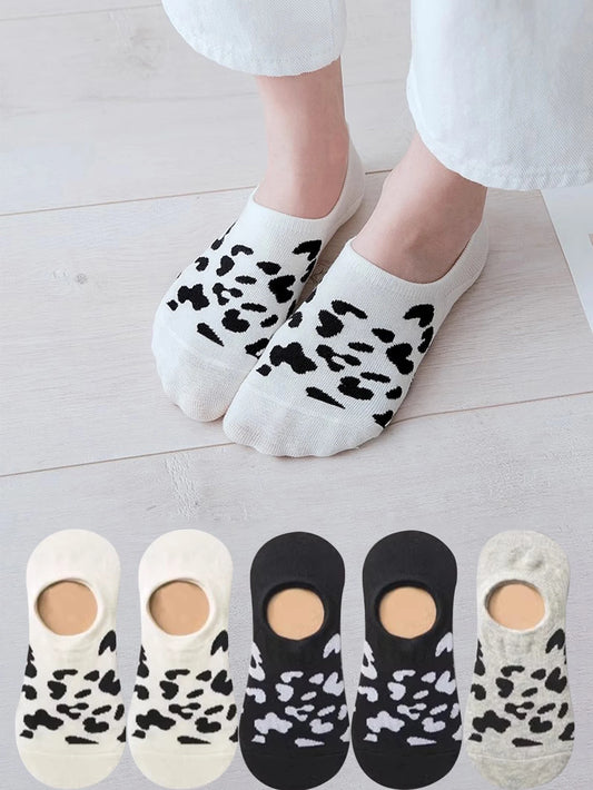 5 Pairs Women Invisible Boat Socks Spring Summer Leopard Print Fashion Wild Shallow Mouth Felmen Slipper Sock