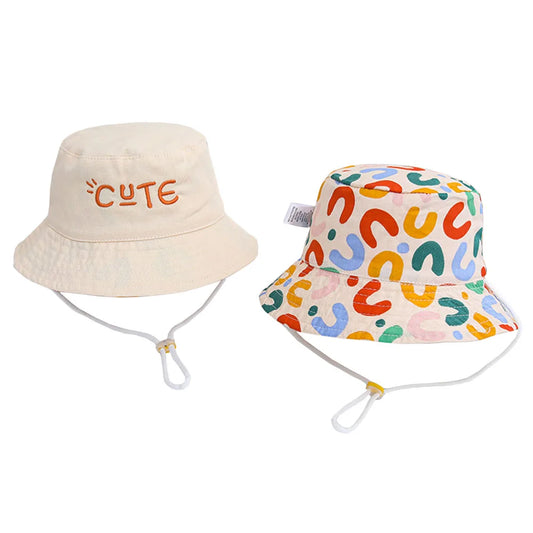 Double Sided Baby Bucket Hat with String Letter Embroidered Boys Girls Fisherman Cap Spring Summer Outdoor Kids Sun Hat
