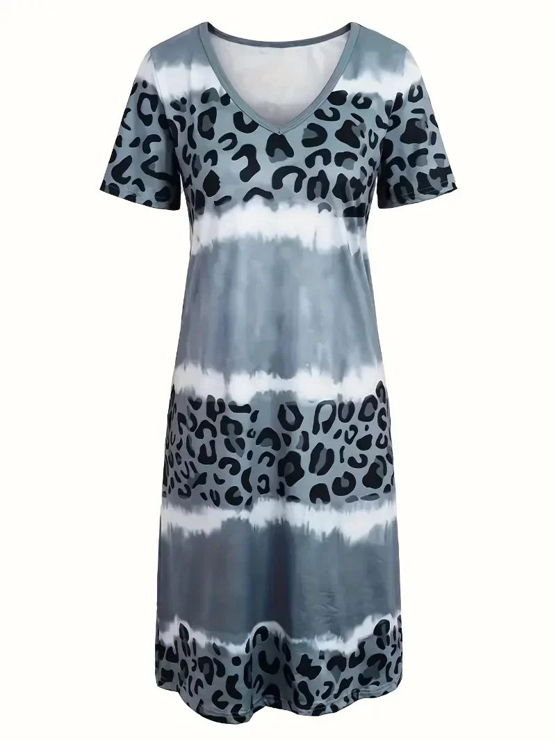 Women's Plus Size 1XL-8XL Fashion Casual Dress Short Sleeve Dress Tie Dye Leopard Short Sleeve V Neck Slight Stretch Dress