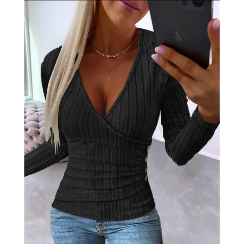 Women's Autumn Simple Solid Color Long Sleeve Top Casual Commuter Pullover Knitwear Top Fashion V-neck Simple Knitwear