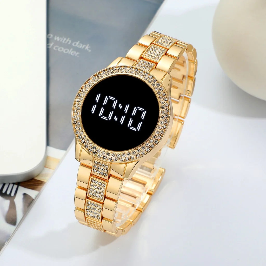 Kegllect LED Large Screen Diamond Inlaid Women's Watch Round Steel Band Electronic Watches