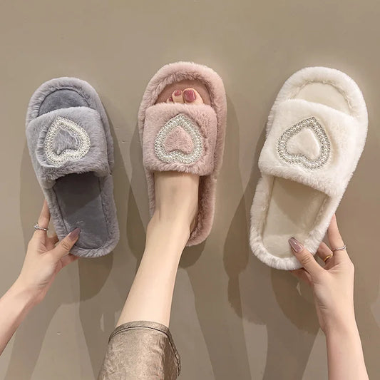 New Fashionable Hot Diamond Pearl Love Hair Cotton Slippers for Autumn and Winter Home slipper