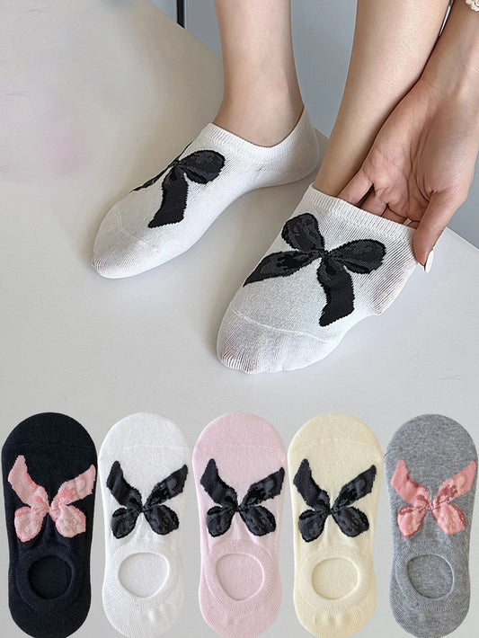 5 Pairs Summer Autumn Boat Socks For Women Non-slip Silicone Invisible Shallow Mouth Bow Socks Ankle Sock Slippers