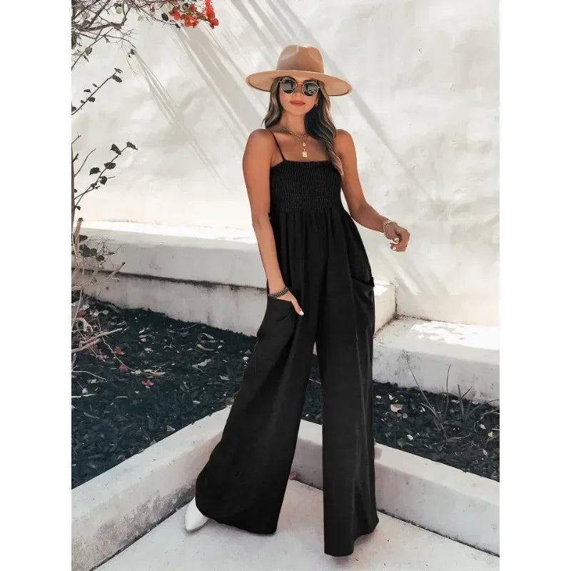 New Fashionable European and American Spring/summer Sexy Camisole Loose Casual Jumpsuit INS Vacation Wide Leg Jumpsuit