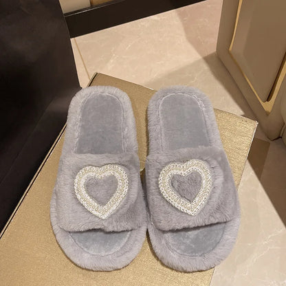 New Fashionable Hot Diamond Pearl Love Hair Cotton Slippers for Autumn and Winter Home slipper