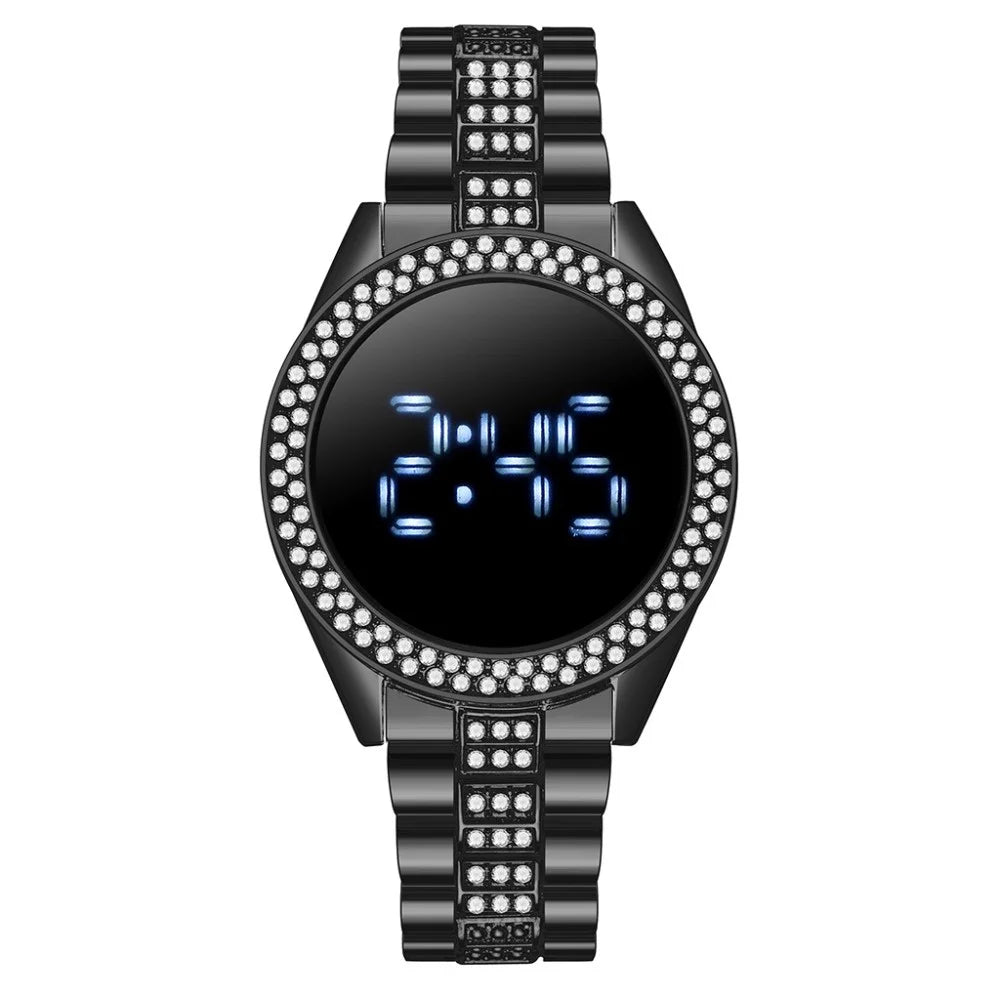Kegllect LED Large Screen Diamond Inlaid Women's Watch Round Steel Band Electronic Watches