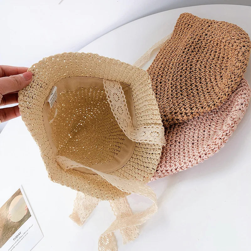 Summer Baby Hat Straw Baby Girl Cap Fashion Lace Bow Beach Children Panama Hat Princess Bonnets for Kids Outdoor Travel Sun Cap